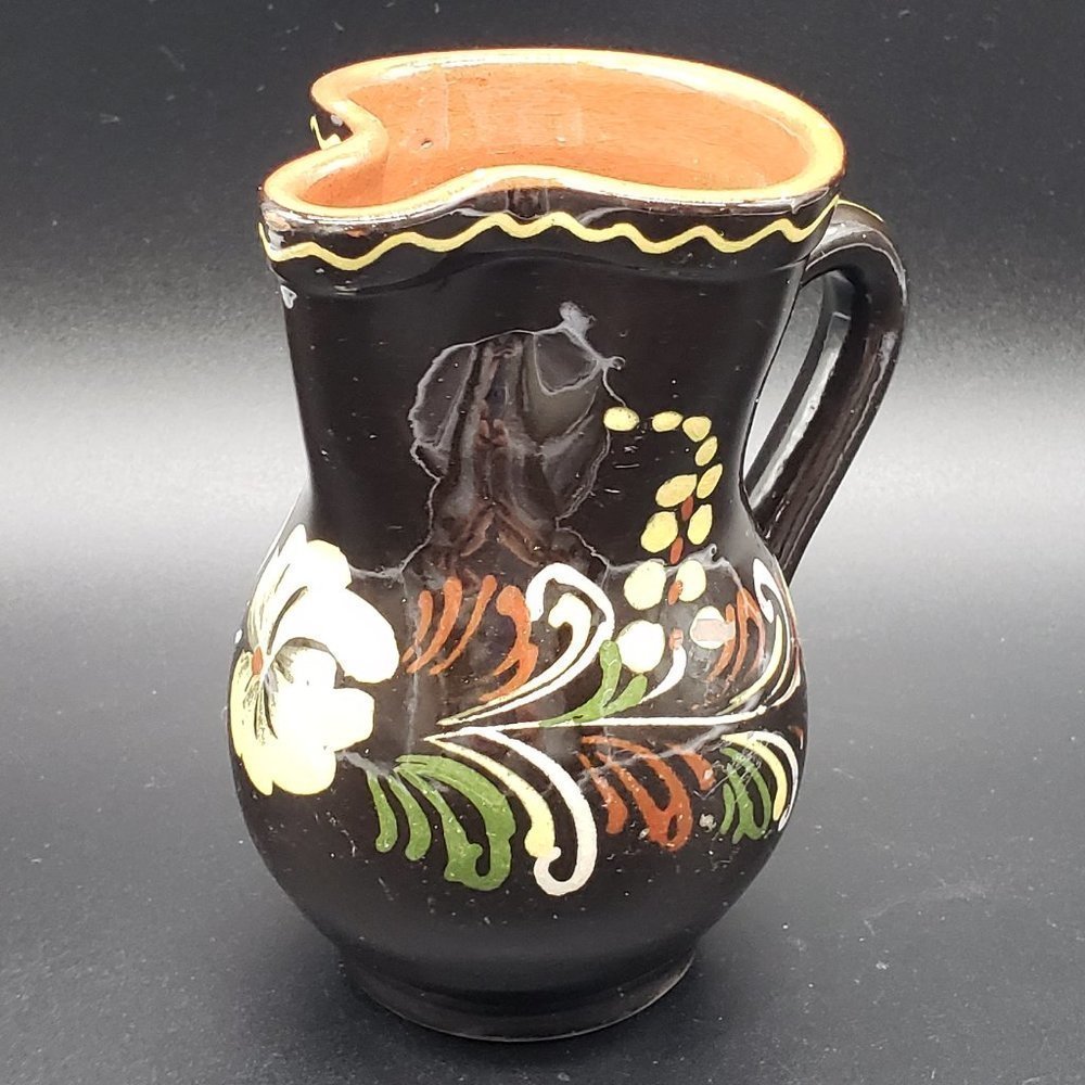 HUNGARIAN Redware Hand Painted Brown Floral Beige Green Glazed Handled P…